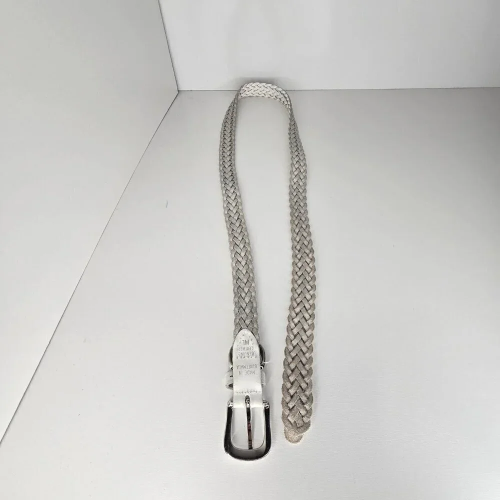 Women's White Distressed Cracked Leather Thin Skinny Woven  Boho Belt